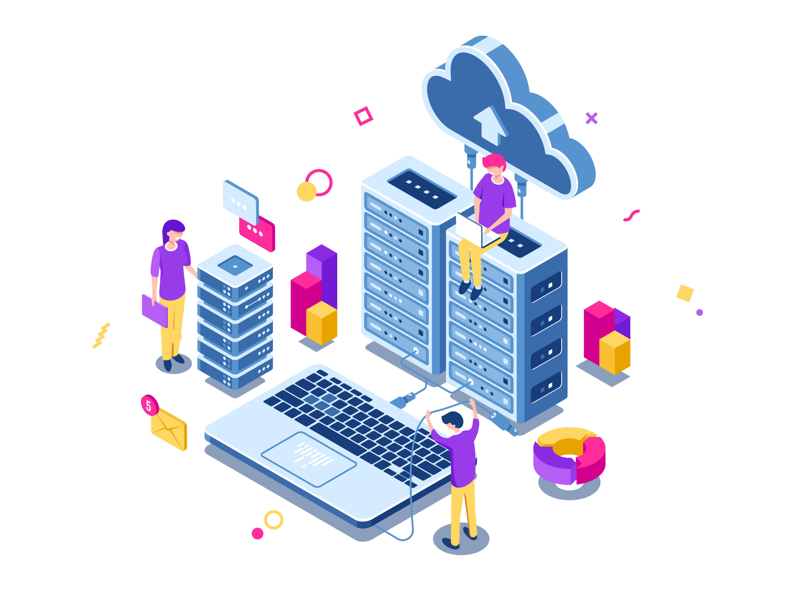 Big data center, server room rack, engineering process, teamwork, computer technology, cloud storage, command work, isometric people vector 1032-scaled-1